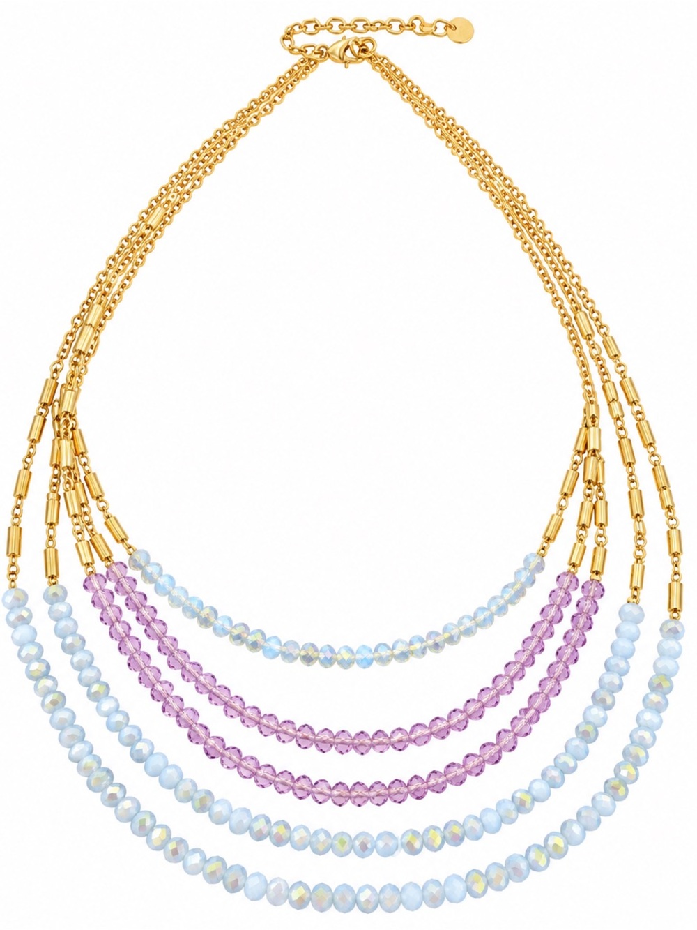 Blue Purple Five Strand Faceted Bead Necklace Gold Tone Layered Statement J025